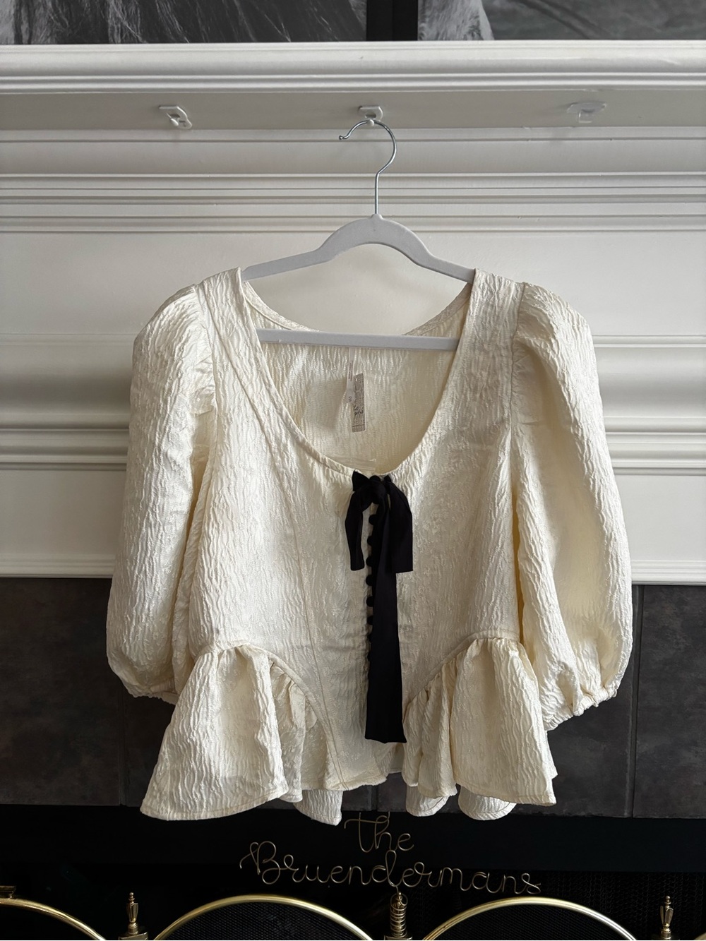 Free People Cream Textured Peplum Blouse with Black Tie